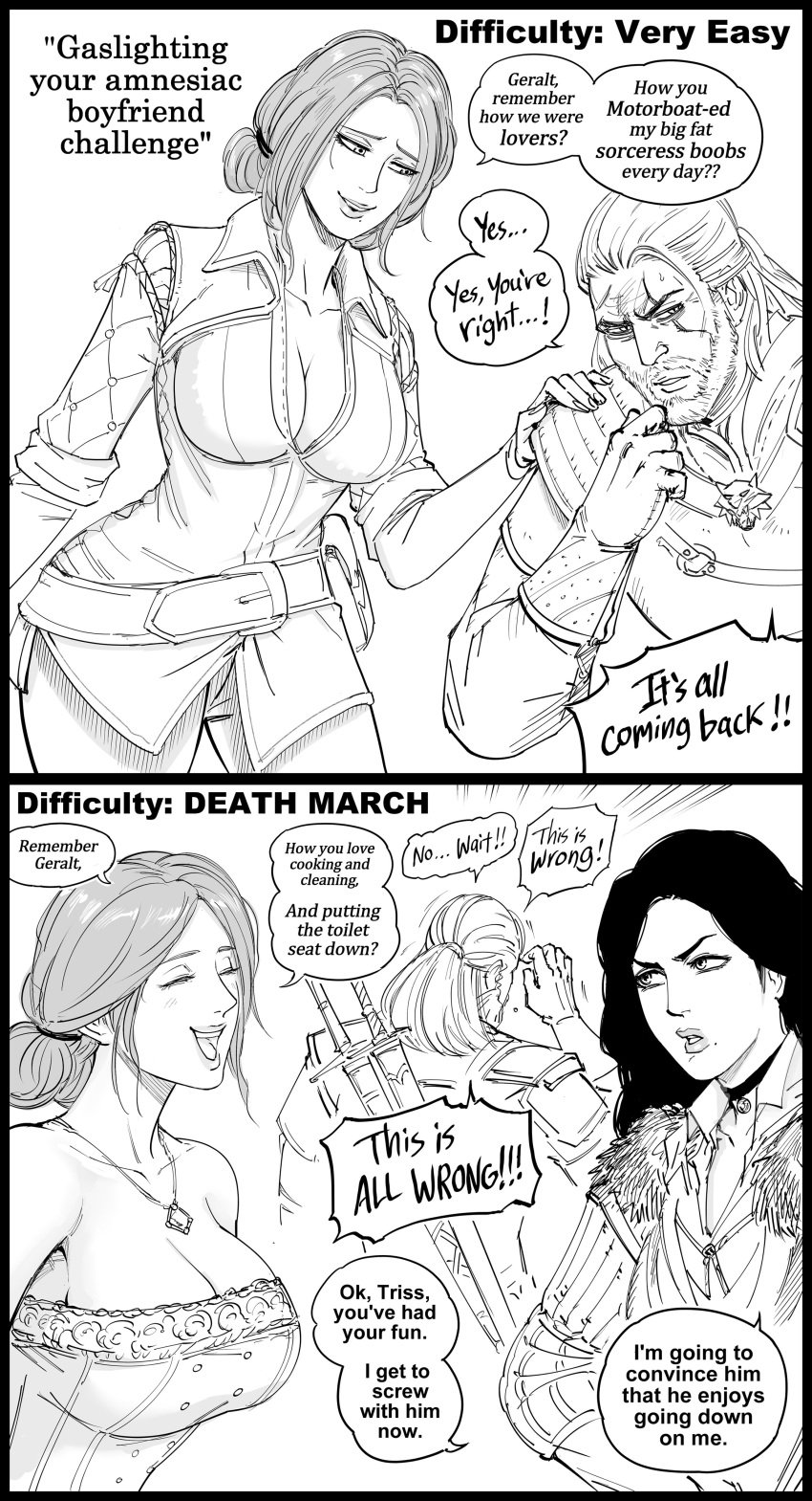 1boy 2girls absurd_res bb_(baalbuddy) black_hair dialogue english_text female funny geralt_of_rivia male monochrome smiling speech_bubble tagme the_witcher_(series) the_witcher_3:_wild_hunt triss_merigold white_background yennefer