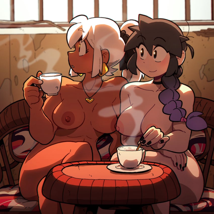 2girls black_hair black_nails casual_nudity couch crossed_legs dark-skinned_female dark_skin lucia_(scott_malin) mia_(scott_malin) nail_polish painted_nails relaxing scott_malin smile smirk tagme tea tea_cup white_hair white_nails