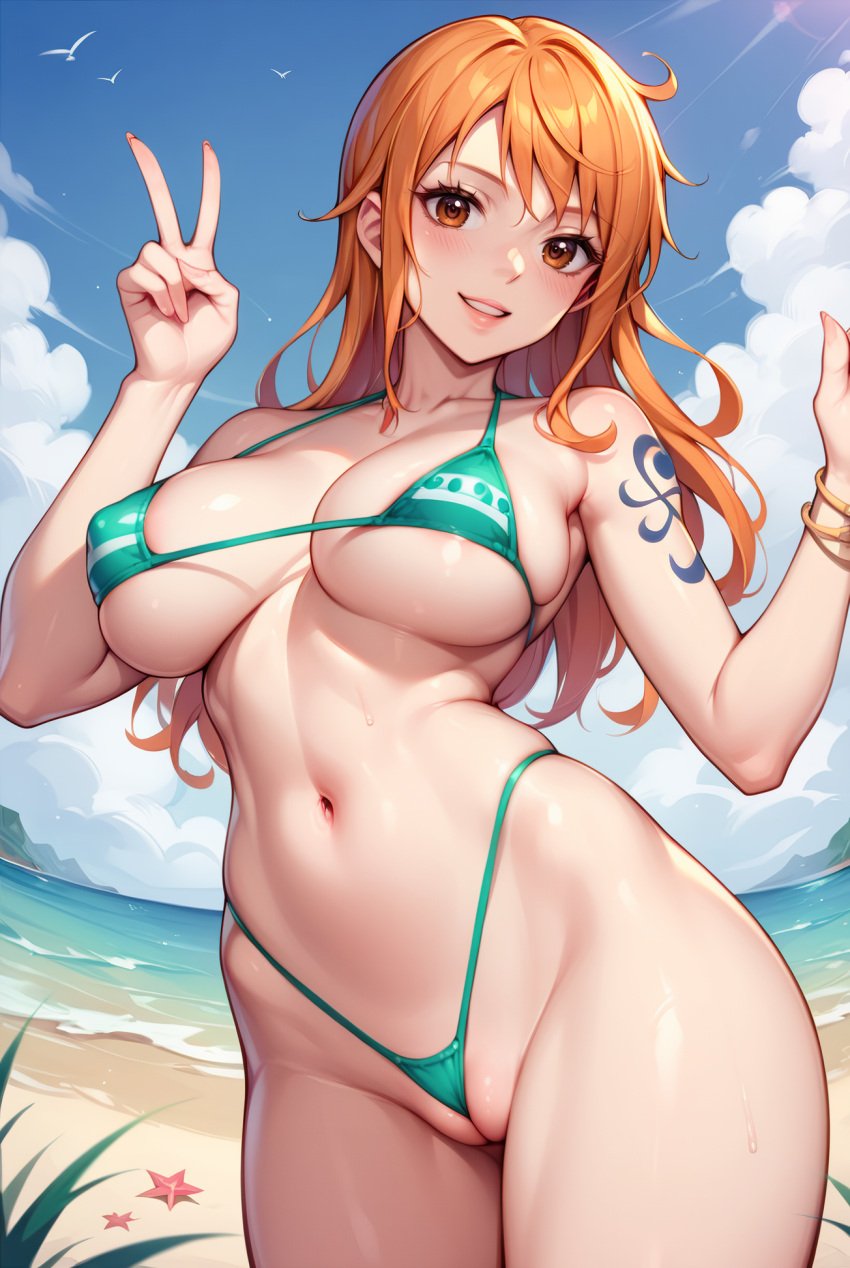 ai_generated anime_character anime_girl anime_style bikini female female_only micro_bikini nami nami_(one_piece) one_piece puffy_pussy robotkesh seductive waifu