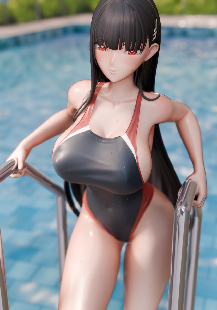 1girls 3d 3d_(artwork) 3dbrokoli bare_shoulders big_breasts black_hair blue_archive blush competition_swimsuit female female_only large_breasts light_skin long_hair looking_at_viewer pool poolside red_eyes rio_(blue_archive) shiny_skin solo_female swimsuit thighs wet_skin wet_swimsuit