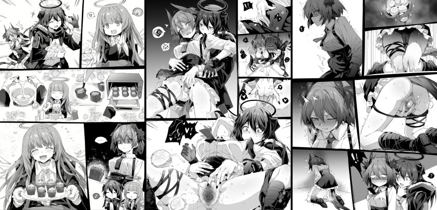 3girls absurdres baking boots clitoris cupcakes egg_laying exusiai_(arknights) fiammetta_(arknights) fingering frilled_dress gloves halo highres horns jacket kataokasan monochrome mostima_(arknights) motion_lines multiple_views nail_polish on_floor one_eye_closed panties panties_around_one_leg panties_down spread_pussy tail thigh_strap uncensored uterus wings womb