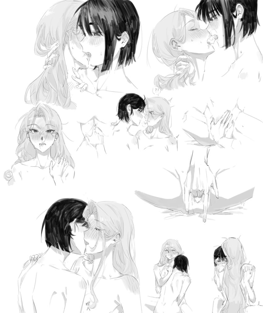 2girls alien_stage black_hair blush dark_hair female female_only fingering fingering_pussy lesbian lesbian_kiss making_out mizi_(alien_stage) monochrome pussy pussy_juice pussy_juice_drip simple_background sua_(alien_stage) vaginal_penetration vivinos yujiaying12 yuri