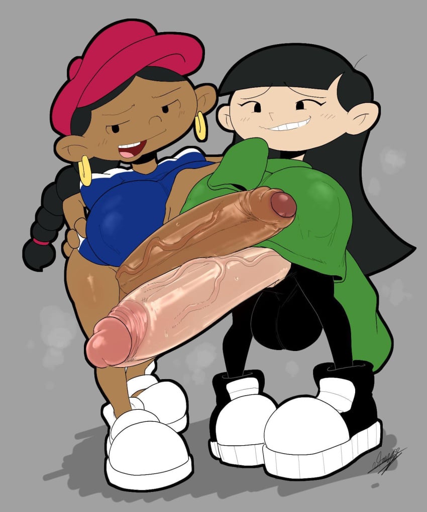 abigail_lincoln african_futanari aged_up asian_futanari balls big_breasts big_penis black_futanari black_hair blush cartoon_network codename:_kids_next_door dark-skinned_futanari dark_skin futa_with_futa futanari giggling kuki_sanban light-skinned_futanari light_skin no_pants numbuh_4 numbuh_5 pants shiny_penis shirt skinny_legs smirk sneakers starykrow sweater sweaty_penis