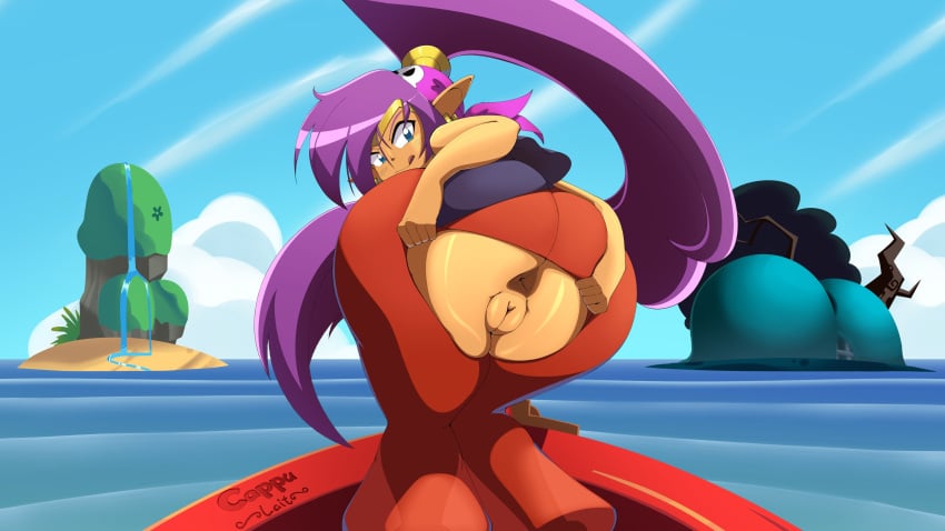 1girls anus ass ass_focus big_ass blue_eyes cappulait ear_piercing earrings exposed_ass exposed_pussy female female_only hair headband headwear huge_ass looking_back pants pointy_ears ponytail purple_hair pussy red_pants ripped_pants shantae shantae_(character) solo solo_female tongue tongue_out vagina