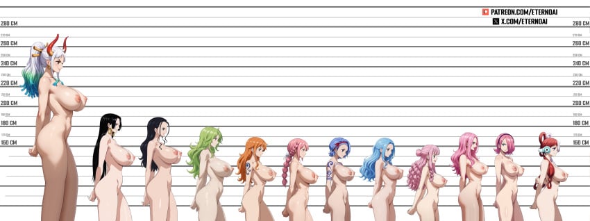 ai_generated big_breasts boa_hancock erect_nipples eternoai female_only jewelry_bonney lineup monet_(one_piece) multiple_girls naked nami nefertari_vivi nico_robin nojiko nude one_piece patreon perona prison rebecca_(one_piece) size_comparison size_difference uta_(one_piece) vinsmoke_reiju yamato_(one_piece)