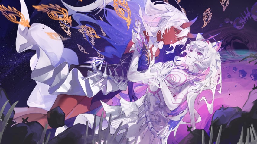 akumi bare_shoulders breasts dark_skin dress frills gloves hair_between_eyes horns long_hair red_eyes single_horn very_long_hair vyugen white_dress white_hair