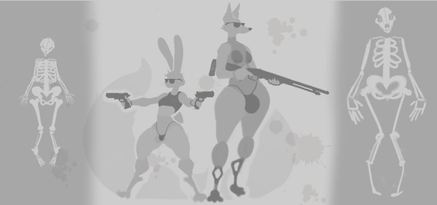 anthro atpandotcom blood blood_splatter bodily_fluids bone bulge canid canine canis duo eyewear gun handgun hi_res lagomorph leporid male mammal monochrome pistol rabbit ranged_weapon shotgun skeleton sunglasses thick_thighs weapon wolf