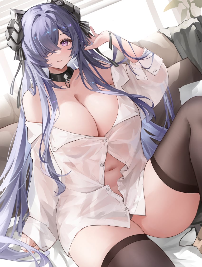 1girls absurdres again_(depr4447) arm_support august_von_parseval_(azur_lane) august_von_parseval_(the_unhulde's_midday_respite)_(azur_lane) azur_lane bare_shoulders black_thighhighs breasts cleavage closed_mouth curled_horns dragon_girl dragon_horns female grey_horns hair_intakes hair_over_one_eye highres horns huge_breasts indoors knee_up long_hair looking_at_viewer looking_back navel off_shoulder official_alternate_costume purple_eyes purple_hair see-through_clothes see-through_shirt shirt sitting smile solo stomach thick_thighs thighhighs thighs very_long_hair white_shirt