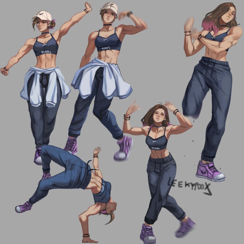 abs biceps bra clothed clothes clothing dance dancing hat leekypooart muscular muscular_female oc original original_character park_seul-gi sports_bra sportswear