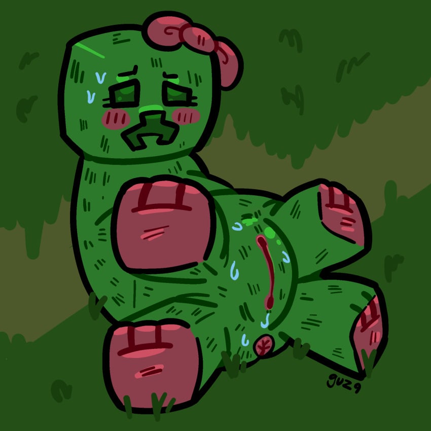 against_surface anus blush bodily_fluids creeper_(minecraft) digital_drawing_(artwork) digital_media_(artwork) feet female feral foot_focus genital_fluids genitals green_body guz9 hi_res innie_pussy looking_at_viewer microsoft minecraft mojang on_grass on_ground outdoor_nudity outside pawpads pink_hair_bow pink_pawpads pussy solo spread_legs spreading sweat sweaty_genitalia sweaty_pussy vaginal_fluids xbox_game_studios