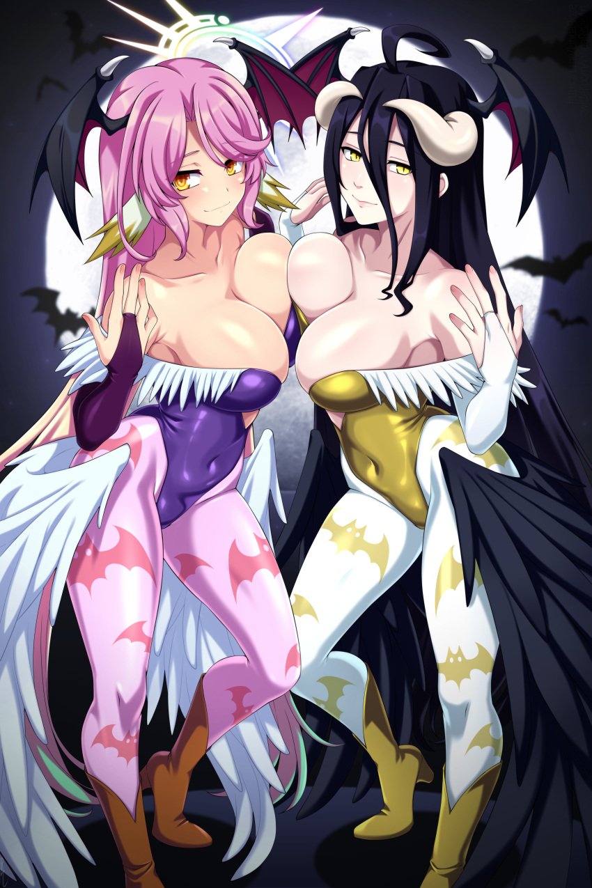 2d 2girls albedo_(overlord) cosplay darkstalkers jibril_(no_game_no_life) lindaroze morrigan_aensland_(cosplay) no_game_no_life overlord_(maruyama) succubus tagme