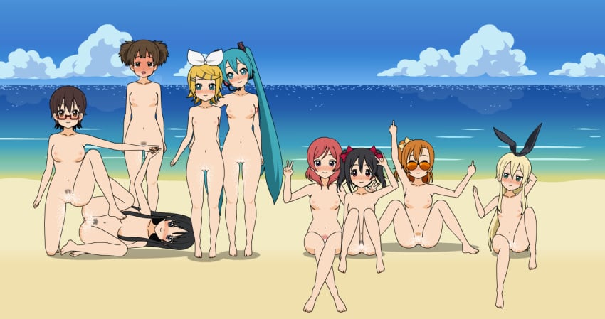 beach breasts female female_only hatsune_miku human human_only jun_suzuki_(k-on!) k-on! kagamine_rin kantai_collection kousaka_honoka love_live! love_live!_school_idol_project middle_finger mio_akiyama_(k-on!) multiple_females multiple_girls nipples nishikino_maki nodoka_manabe_(k-on!) nude shimakaze_(kantai_collection) vocaloid yazawa_nico