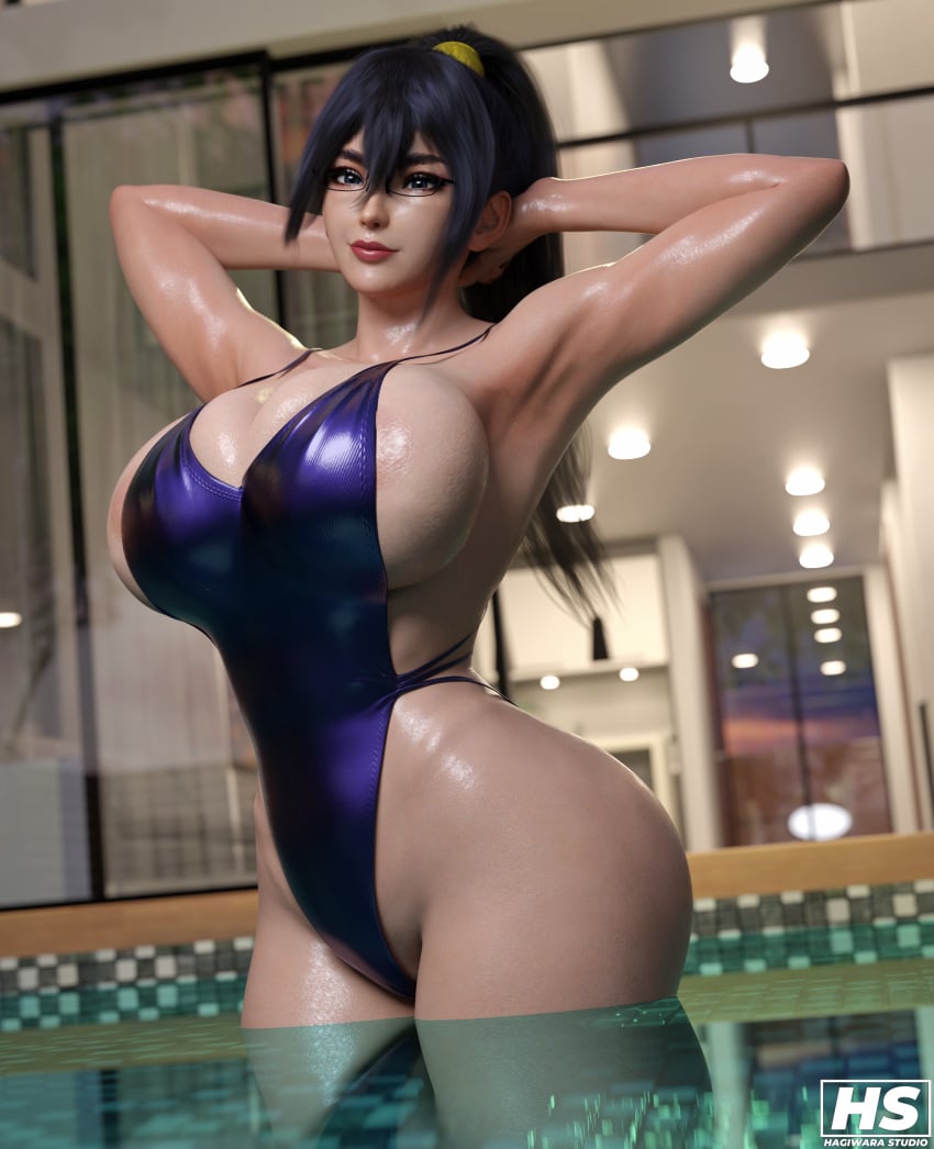 1girls 3d armpits arms_up big_breasts bimbo bimbo_body black_hair blue_eyes breast_squeeze breasts female female_only fumitan_admoss glasses gundam gundam_tekketsu_no_orphans hagiwara_studio high_resolution highres large_breasts ponytail shiny_skin solo swimsuit tagme wet wet_skin