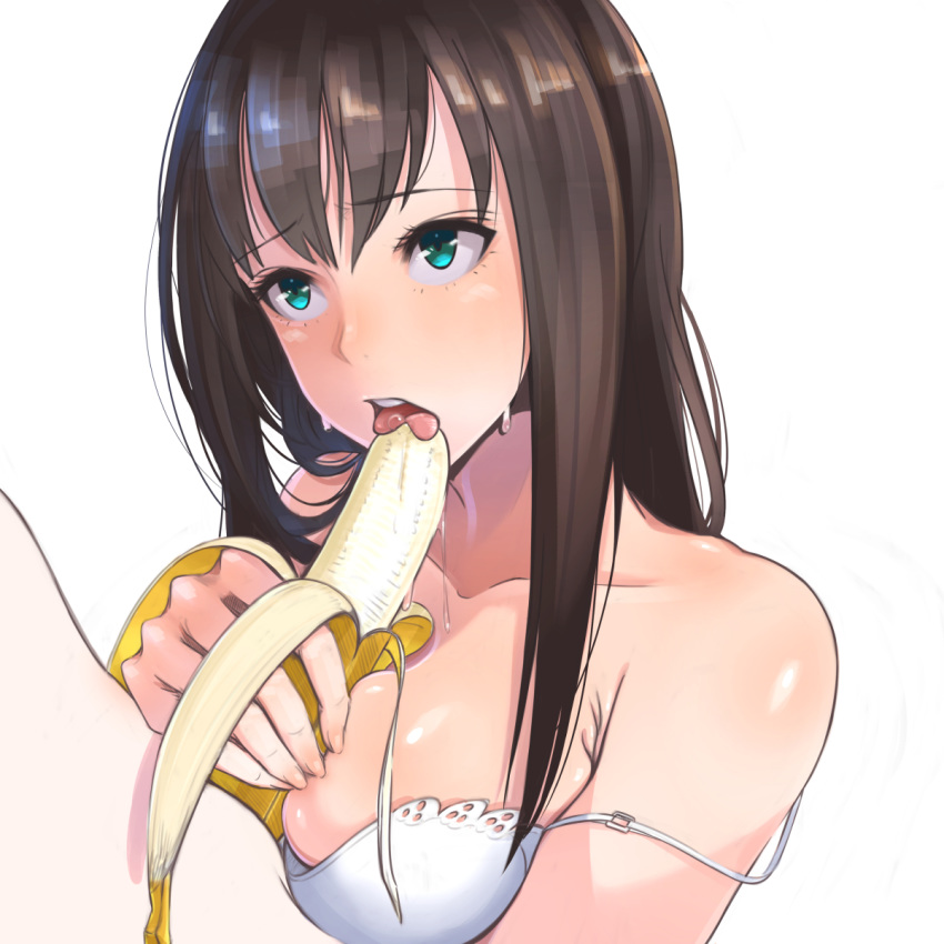 banana blush bra breasts brown_hair female food fruit green_eyes highres holding idolmaster idolmaster_cinderella_girls licking long_hair open_mouth oral pecolondon saliva sexually_suggestive shibuya_rin solo strap_slip sweat tongue underwear white_bra