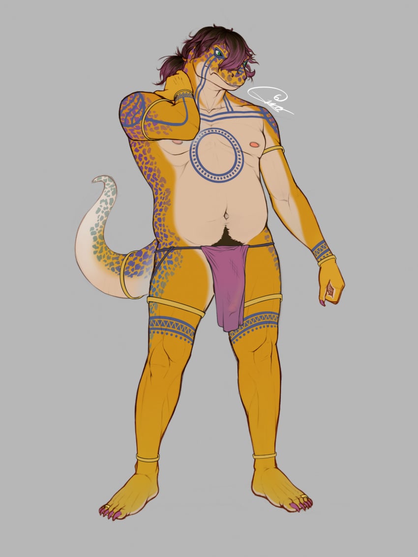 1boy bottomwear bulge ciro clothed clothing digital_drawing_(artwork) digital_media_(artwork) hair hi_res loincloth loincloth_only male male_only navel nipples pubes scalie simple_background solo standing tail topless