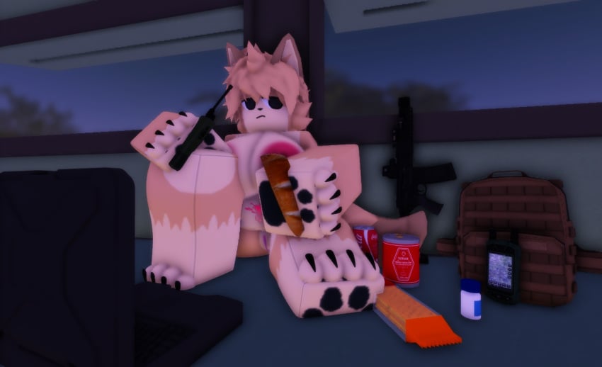 1girls 3d anthro areolae backpack bread breasts canned_drink canned_food female fennec_fox fox furry gun laptop looking_at_viewer pill_bottle pink_nipples pink_pussy pussy radio ravenuwu roblox robloxian self_upload super_animal_royale tagme