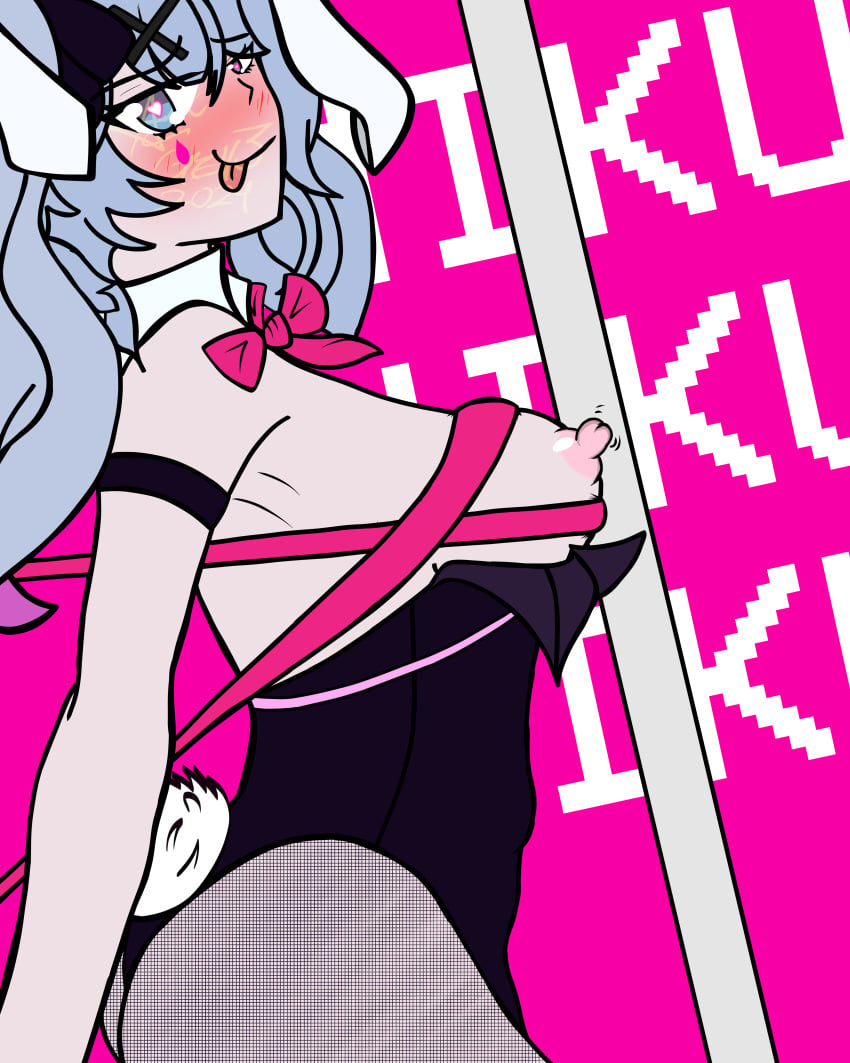 1girls amematoi blush bowtie breasts bunny_ears bunnysuit female female_only fishnets hatsune_miku nipples perky_breasts pink_background rabbit_hole_(deco*27/caststation) rabbit_hole_(vocaloid) ribbon ribbons sticking_out_tongue stripper_pole tagme tits_out tounge_out vocaloid