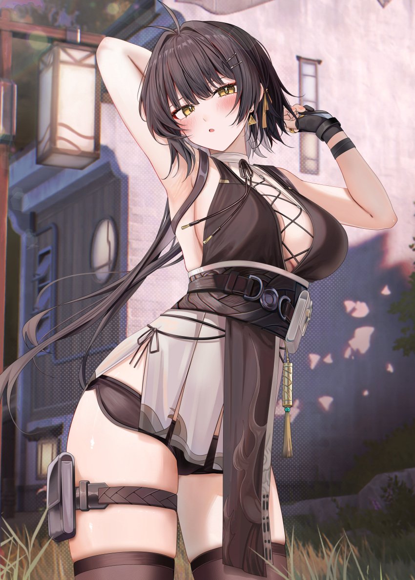 1girl antenna_hair armpits arms_up big_breasts black_clothing black_dress black_hair black_shorts black_thighhighs blush breasts choker clothed dress female female_rover_(wuthering_waves) fit_female glove hi_res highres large_breasts light-skinned_female light_skin long_hair looking_at_viewer outdoors rover_(wuthering_waves) ruzhai shiny_skin shorts slim_waist soles solo solo_female thick_thighs thighhighs thighs two_tone_hair variant_set white_choker wuthering_waves yellow_eyes