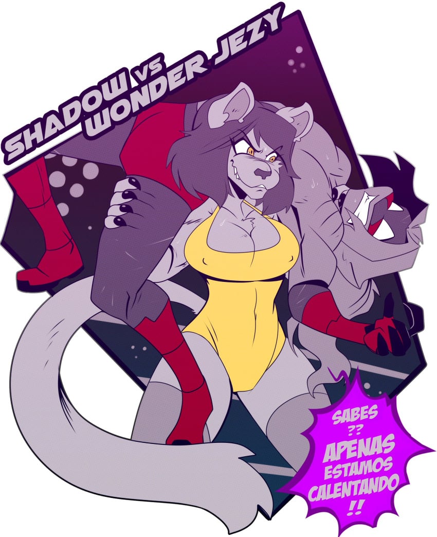 anthro cat_humanoid commission dialogue female furry furry_female great_dude male original original_art original_artwork panther pantherine shadow_(great_dude) wonder_jezy_(wonderjezy) wrestling wrestling_femdom wrestling_mask wrestling_outfit wrestling_singlet