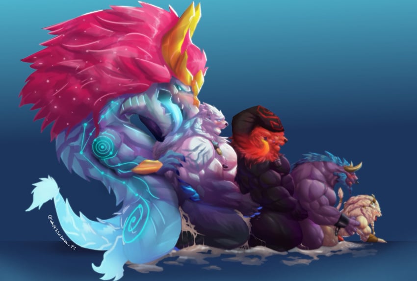 alistar anthro aurelion_sol fivesome hi_res league_of_legends male male/male ornn rengar riot_games tencent volibear whit3salmon_23