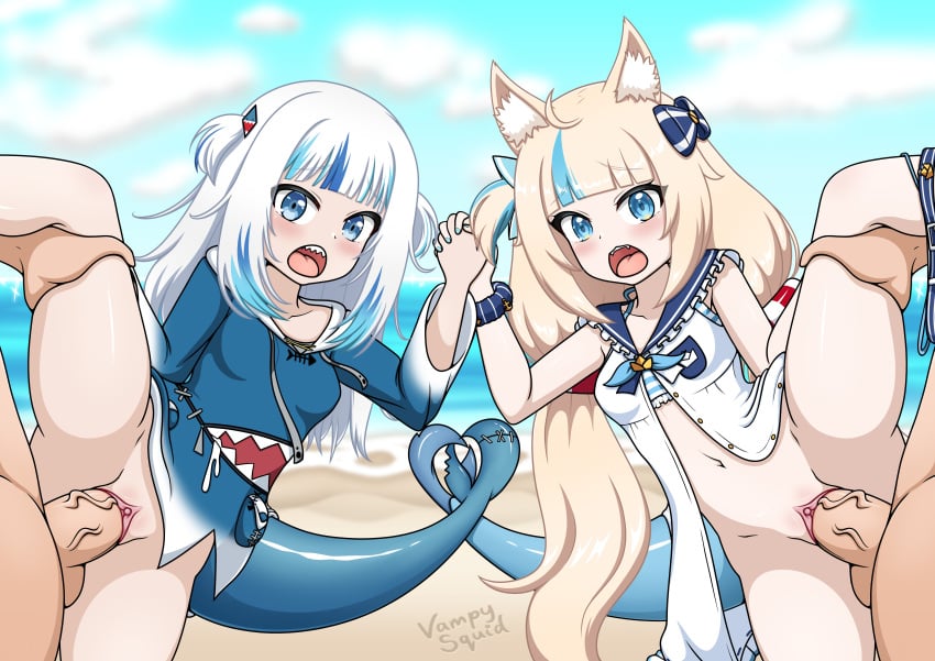 2boys 2girls beach blonde_hair cat_ears clothing cum cum_in_pussy exhibitionism female female_focus fish fish_girl fish_tail fishgirl foursome gawr_gura hololive hololive_english hololive_myth indie_virtual_youtuber long_hair penis public public_nudity public_sex pussy sameko_saba sea seaside sex shark shark_tail sharp_teeth small_breasts vampy_squid virtual_youtuber vtuber white_hair