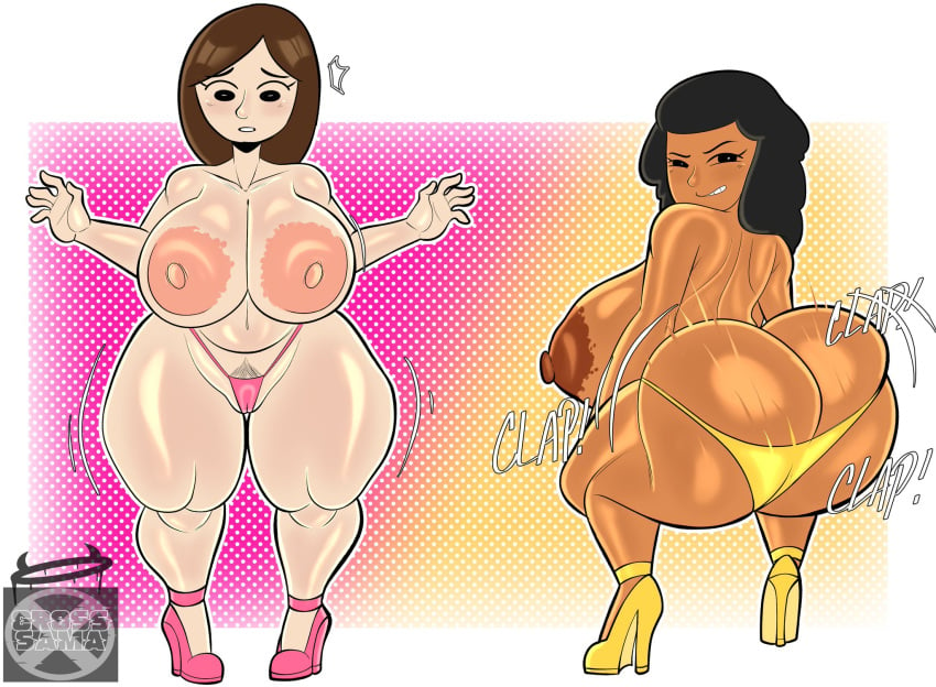 2girls areolae ass ass_clapping ass_focus black_eyes black_hair blush bottom_heavy breasts brown_areola brown_hair brown_nipples bubble_butt clapping_cheeks cross_samax dat_ass dumptruck_ass female female_only female_pubic_hair heels large_areolae large_ass large_breasts looking_at_viewer looking_back mii mostly_nude naked naked_female navel nintendo nipples pale-skinned_female pale_skin partially_clothed pink_areola pink_heels pink_nipples pink_thong pubic_hair pubic_hair_peek spankable_ass tan_skin tanned_female thick_thighs thong twerking wide_hips yellow_heels yellow_thong