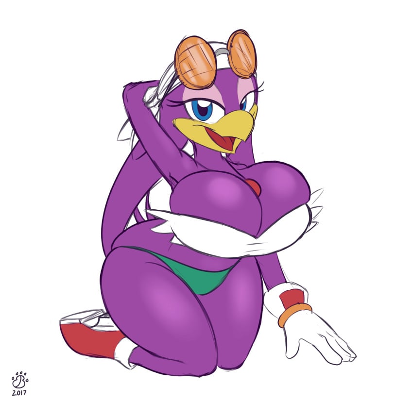 absurd_res avian badgerben big_breasts bird blue_eyes bottomless breasts cleavage clothed clothing eyewear female footwear glasses gloves hand_behind_head handwear hi_res huge_breasts jewelry kerchief looking_at_viewer necklace open_mouth panties purple_body sega shoes smile solo sonic_riders sonic_the_hedgehog_(series) tail third-party_edit topwear tube_top underwear wave_the_swallow