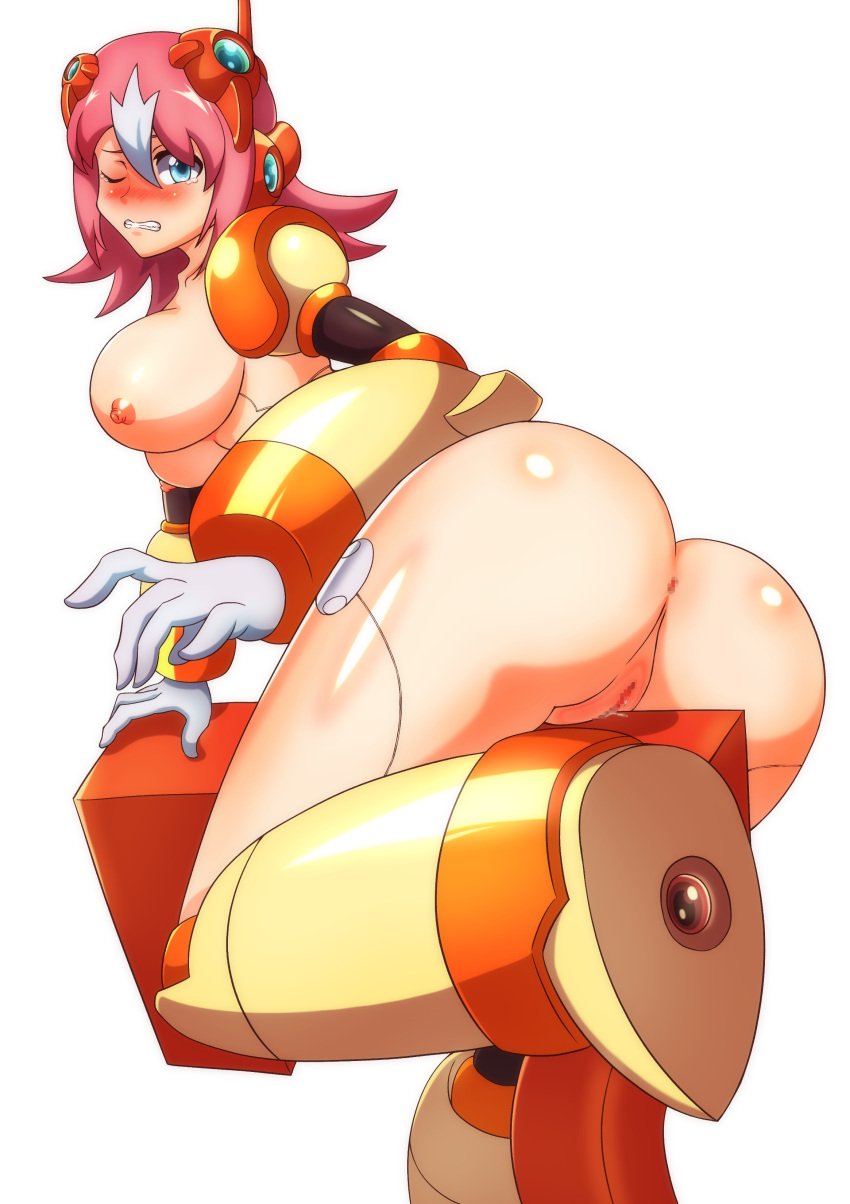 1girls big_ass big_breasts blush breast_press breasts breasts_out censored_pussy female female_only kotatuman_dash mega_man mega_man_x naked nana_(mega_man) nude nude_female pussy robot_girl white_background white_gloves