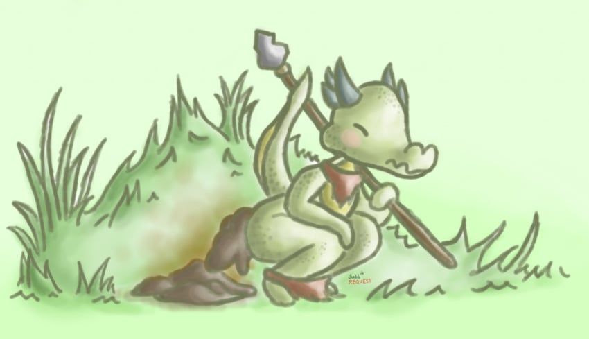 2018 ambiguous_gender anthro black_horn blush blush_stickers bottomwear closed_eyes clothing crouching feces feces_pile green_body green_scales green_spots holding_melee_weapon holding_object holding_polearm holding_spear holding_weapon horn jubb kobold loincloth loincloth_down markings melee_weapon polearm pooping_on_floor raised_tail scales scalie scat signature solo spear spots spotted_body spotted_scales stink_fumes tail wavy_mouth weapon yellow_body yellow_scales