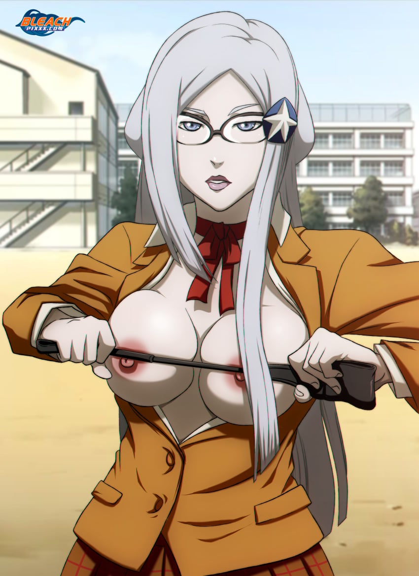 1girls areola bleach breasts busty cleavage cosplay female female_only glasses lipstick long_hair nipples pale-skinned_female pale_skin prison_school riding_crop shiraki_meiko shiraki_meiko_(cosplay) sode_no_shirayuki solo voluptuous zanpakutou_spirit