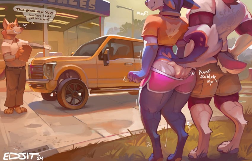 2024 4_toes 5_fingers anthro anthro_on_anthro anthro_penetrated anthro_penetrating anthro_penetrating_anthro ass belt biped blue_body blue_fur blue_pawpads blue_tail blush bodily_fluids bottomwear brown_body brown_fur building canid canine canis car car_window clipboard closed_eyes clothed clothing colored concrete crop_top dated detailed_background dialogue digital_drawing_(artwork) digital_media_(artwork) domestic_dog edjit english_text eyewear feet fingering fingers fluffy fluffy_tail fur glasses glistening glistening_butt grass grey_bottomwear grey_clothing grey_pants group hair lamp male male/male male_penetrated male_penetrating mammal markings multicolored_body multicolored_clothing multicolored_fur multicolored_tail onomatopoeia orange_body orange_fur outside pants pawpads paws penetration pink_clothing pink_underwear plant public public_sex sex shaded shaking shirt shorts smile snout sound_effects speech_bubble standing street_lamp suv tail teeth text tire toes tongue topwear trio two_tone_body two_tone_fur underwear vehicle white_body white_clothing white_fur white_shirt white_tail white_topwear widescreen yellow_markings