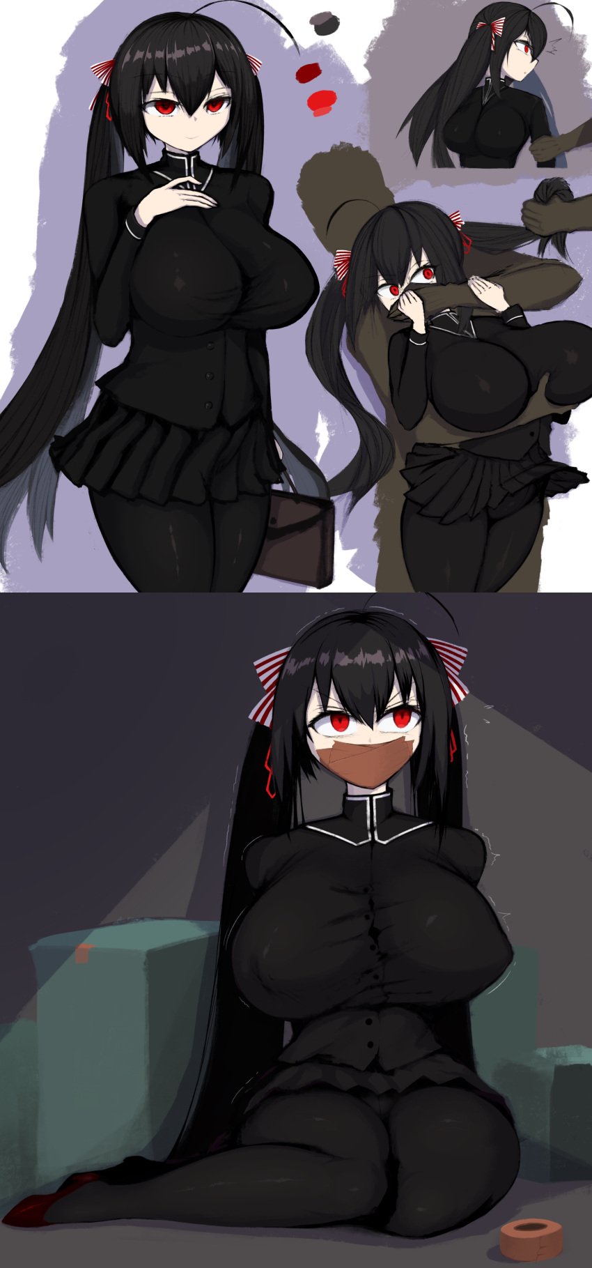 ameng ameng_(katena1990) azur_lane big_breasts black_clothing black_hair bondage gagged imminent_kidnapping kidnapped kidnapping large_breasts legs long_hair panels pantyhose sequence stockings tagme taihou_(azur_lane) tape tape_gag very_long_hair