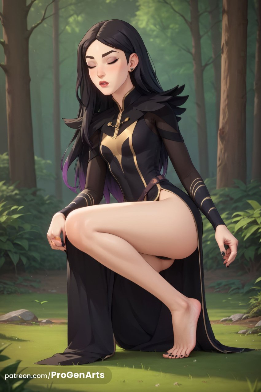 1girls ai_generated artist_name bare_legs barefoot black_dress black_hair black_nails black_panties breasts claudia_(the_dragon_prince) closed_eyes day dress earrings eyeshadow feet forest full_body hi_res jewelry legs lips long_hair long_sleeves makeup multicolored_hair nail_polish nature on_one_knee outdoors panties parted_lips patreon_username progenarts purple_hair side_slit small_breasts solo the_dragon_prince thighs tiptoes toenail_polish toenails toes tree underwear