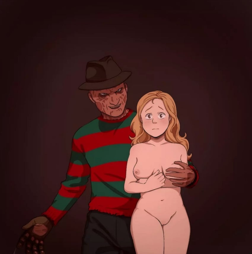 1boy1girl a_nightmare_on_elm_street black_pants bladed_fingers blonde_female blonde_hair blush breasts brown_eyes burned cartoony clothed/nude clothed_male_nude_female colored completely_naked_female completely_nude_female dark_background demon digital_drawing_(artwork) digital_media_(artwork) dominant_male embarrassed embarrassed_nude_female fedora female freddy_krueger glove grabbing_another's_breast hand_on_breast hotfiresu human_female low_quality lowres male/female naked naked_female navel nightmare_on_elm_street nipples not_ai_generated nude nude_female oc original original_character possessive pussy scared_expression shaded slasher slightly_chubby_female smirking submissive_female sweater uncensored victim