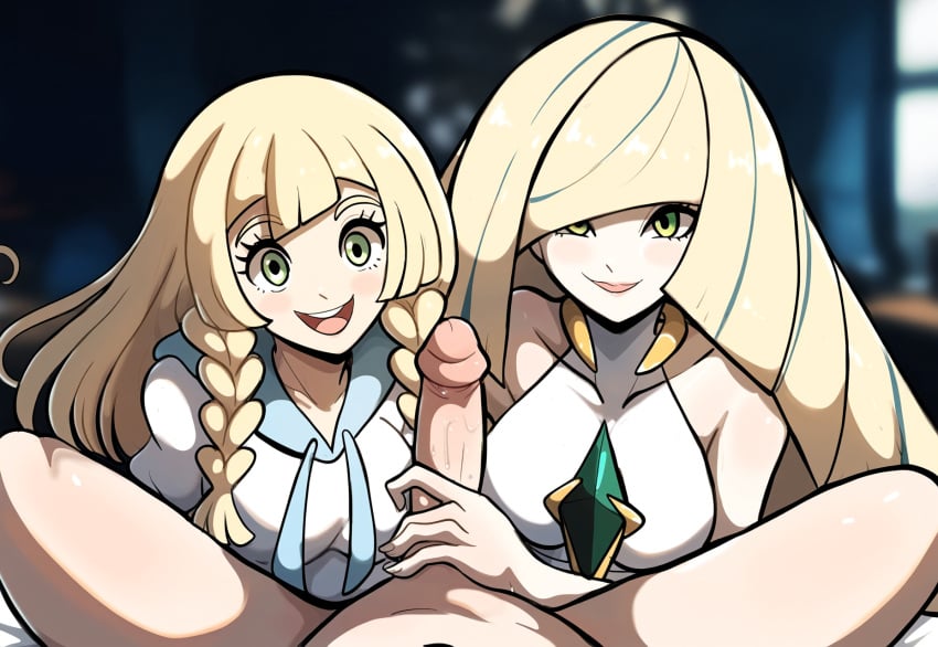 1boy 2girls aether_foundation ai_generated bedroom blonde_hair breasts duo female handjob lillie_(pokemon) lusamine_(pokemon) mature_female milf mother_and_daughter mullon novelai penis pokemon pokemon_sm pov