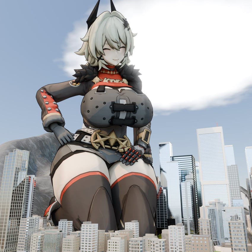 caesar_king caesar_king_(zenless_zone_zero) city giant giantess large_breasts large_thighs macro micro zenless_zone_zero