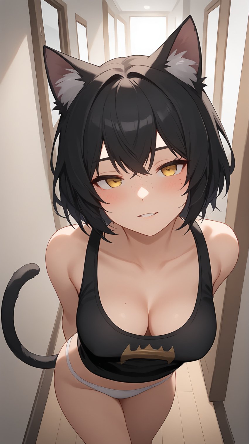 ai_generated bankonit bedroom_eyes black_hair black_shirt blush cat_ears catgirl cleavage crop_top down_blouse female freckles freckles_on_breasts freckles_on_face from_above hands_behind_back head_tilt looking_at_viewer panties parted_lips shirt short_hair sleeveless_shirt stable_diffusion tail thighs tight_clothing tilted_head white_panties yellow_eyes