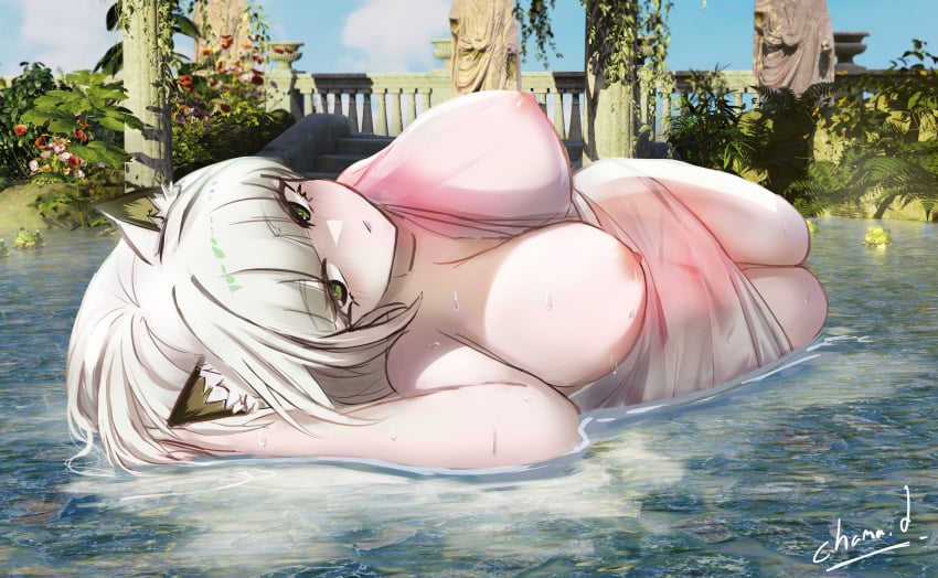 1girls 2024 arknights artist_name big_breasts breasts cat_ears catgirl chqma_d green_eyes green_hair hi_res kal'tsit_(arknights) light-skinned_female light_skin looking_at_viewer lying lying_on_back nipples solo tagme water