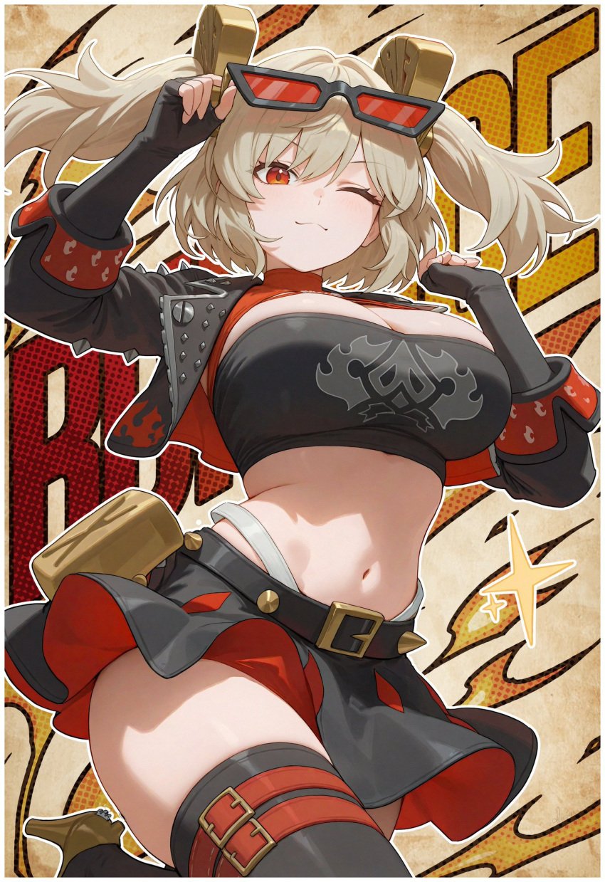 1girls belt best_girl biker_girl biker_jacket black_skirt blonde_hair breasts burnice_white cleavage female female_only fingerless_gloves hair_ornament heels heretikka large_breasts leather_jacket midriff midriff_baring_shirt mihoyo navel one_eye_closed pale-skinned_female pale_skin platinum_blonde_hair red_eyes skirt spiked_belt stockings sunglasses sunglasses_on_head thick_thighs tubetop twintails zenless_zone_zero