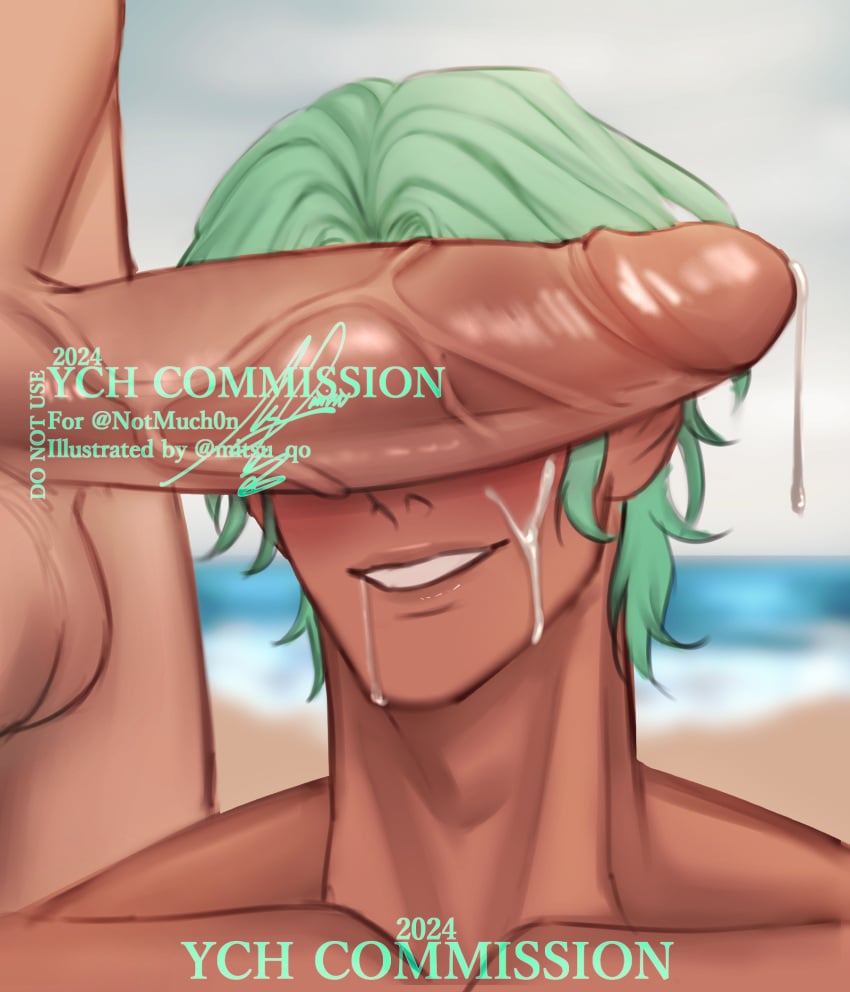 beach big_cock big_penis cock_over_eyes cock_worship cove_holden cum cum_on_face dick_on_face gay gay_male gbpatch green_hair mitsu_qo our_life_(beginnings_and_always) penis_over_eyes smile smiling ych