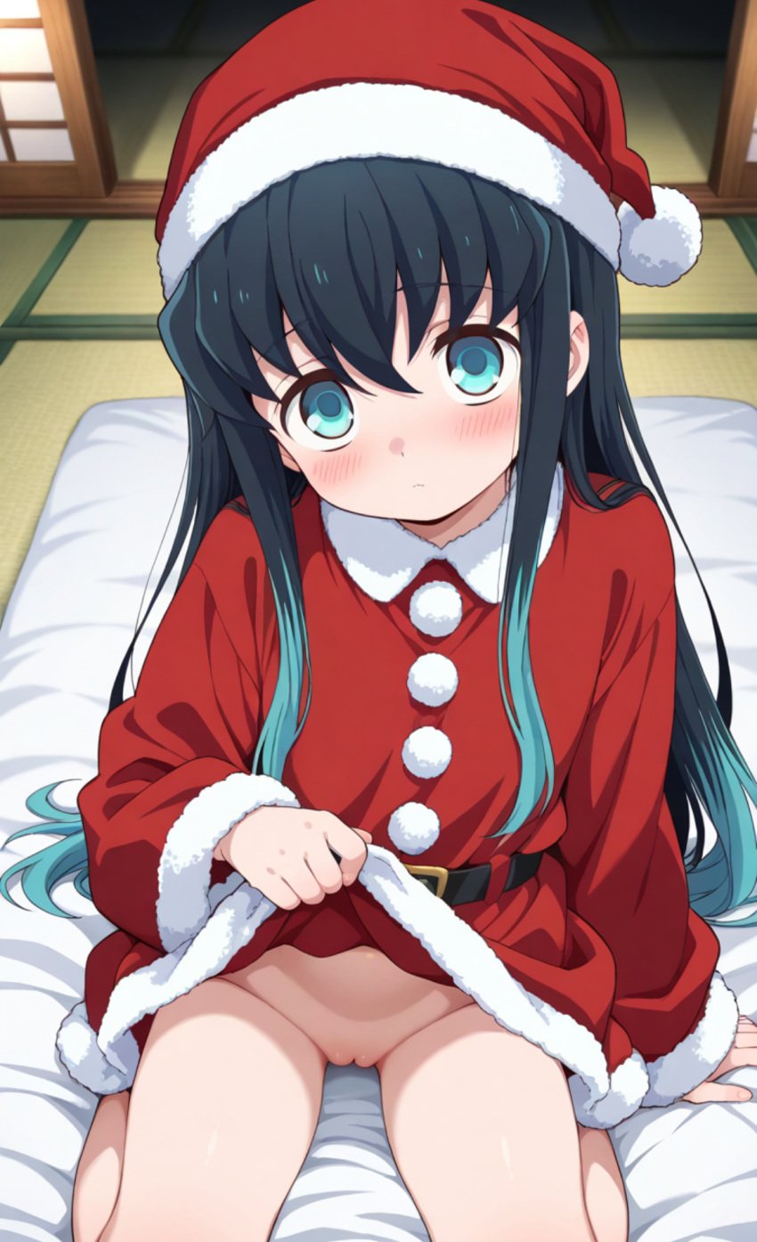 ai_generated blush cuntboy demon_slayer exposing_self genderswap_(mtf) indoors innocent intersex kimetsu_no_yaiba looking_at_viewer muichiro_tokitou no_panties partially_clothed pussy santa_costume santa_hat skirt_lift teenager two_tone_hair young