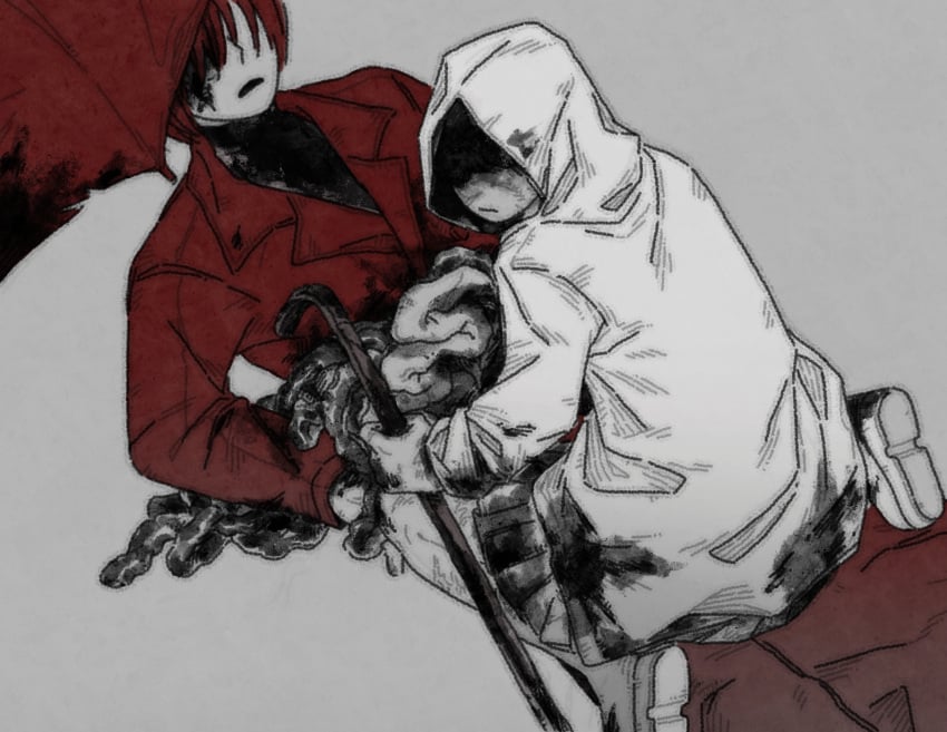 1boy blood blood_on_clothes blood_on_face boots chacha969 coat crowbar facing_viewer female grey_background guro heroine_(homicipher) highres holding holding_crowbar holding_umbrella homicipher hood hood_up intestines lying mr._scarletella on_back raincoat red_coat red_hair red_umbrella shaded_face short_hair simple_background sitting sitting_on_person umbrella