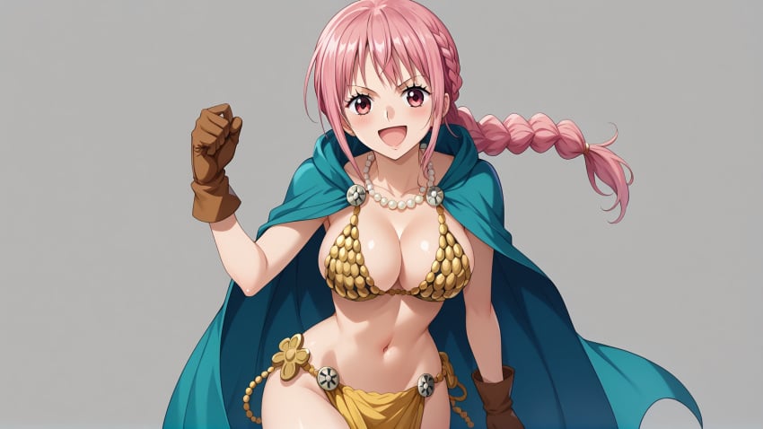 1girls ai_generated big_breasts bikini bikini_top blue_eyes braid braided_hair cleavage cloak collarbone female female_focus female_only gloves gold_bikini green_cape large_breasts light-skinned_female light_skin loincloth necklace one_ai_art one_piece open_mouth pearl_necklace pelvic_curtain rebecca_(one_piece) shonen_jump single_braid smile solo solo_female solo_focus