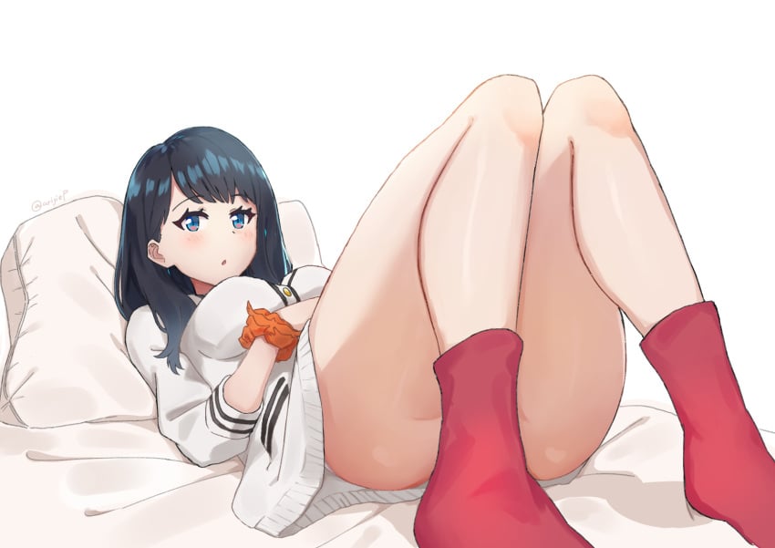 1girls :o arigiep ass bed black_hair blue_eyes breasts cardigan convenient_leg female gridman_universe highres knees_up long_hair looking_at_viewer lying medium_breasts on_back red_socks scrunchie socks solo ssss.gridman takarada_rikka thighs white_background white_cardigan wrist_scrunchie