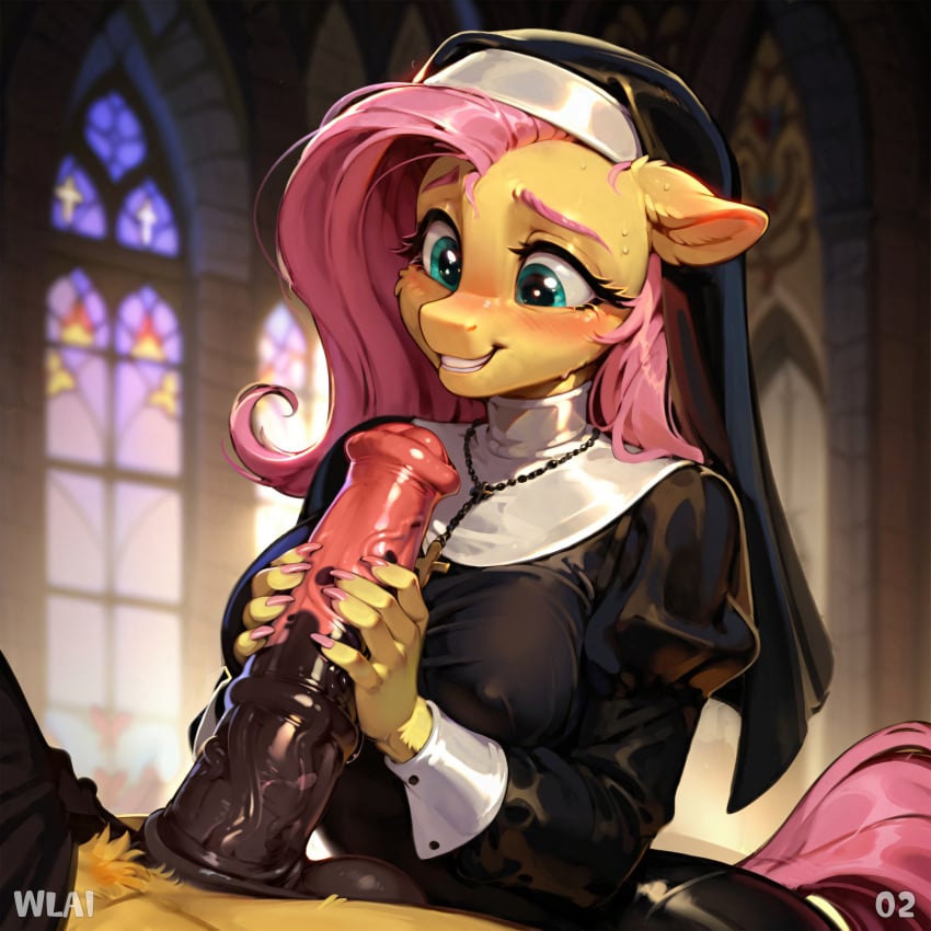 ai_assisted ai_generated anthro big_penis explicit fluttershy_(mlp) girl handjob horse_penis indoors my_little_pony nun nun_outfit smile wlai