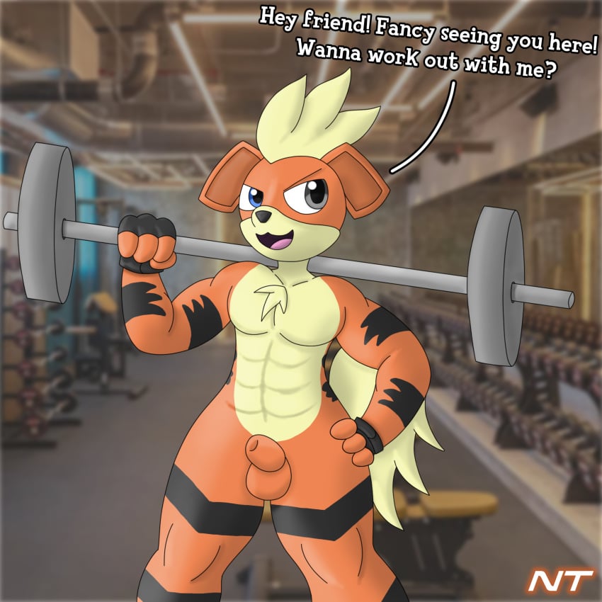 abs animal_genitalia animal_penis anthro barbell belly blaze_ignatius canid canine canine_genitalia canine_penis chest_tuft clothing dialogue exercise fingerless_gloves fluffy fluffy_tail fur generation_1_pokemon genitals gloves gloves_only growlithe gym hair hand_on_hip handwear handwear_only head_tuft heterochromia hi_res holding_barbell holding_object inside lifting looking_at_viewer male mammal mostly_nude muscular ninjatreecko nintendo nude nude_male open_mouth orange_body orange_fur penis pokemon pokemon_(species) pokemorph sheath smile solo standing striped_body stripes tail talking_to_viewer tan_belly tongue tuft weightlifting weights workout