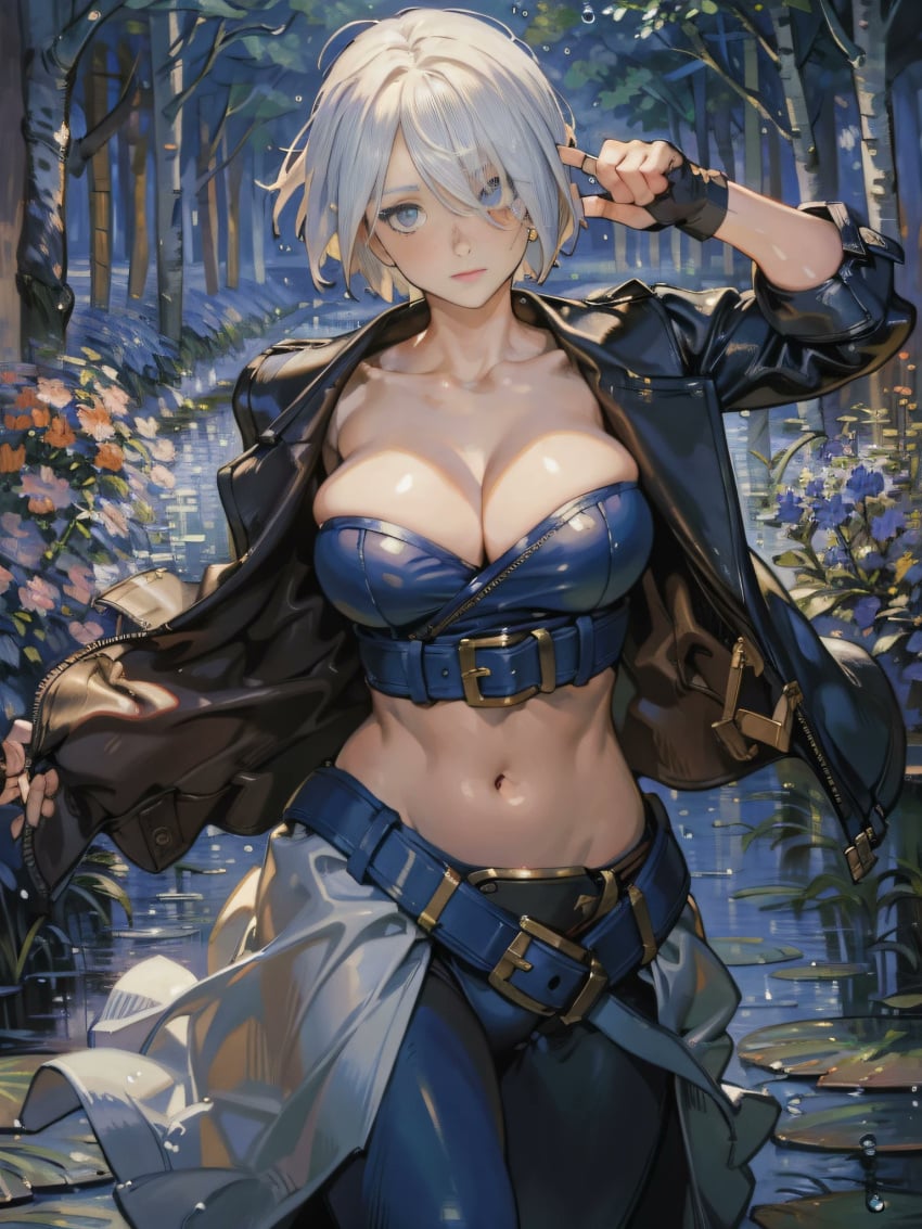 1girls ai_generated angel_(kof) big_breasts blue_eyes busty enjidifussion female huge_breasts jacket king_of_fighters light-skinned_female light_skin nature outdoors outside pale-skinned_female pale_skin panties short_hair thick thick_thighs thighs voluptuous voluptuous_female water wet white_hair wide_hips