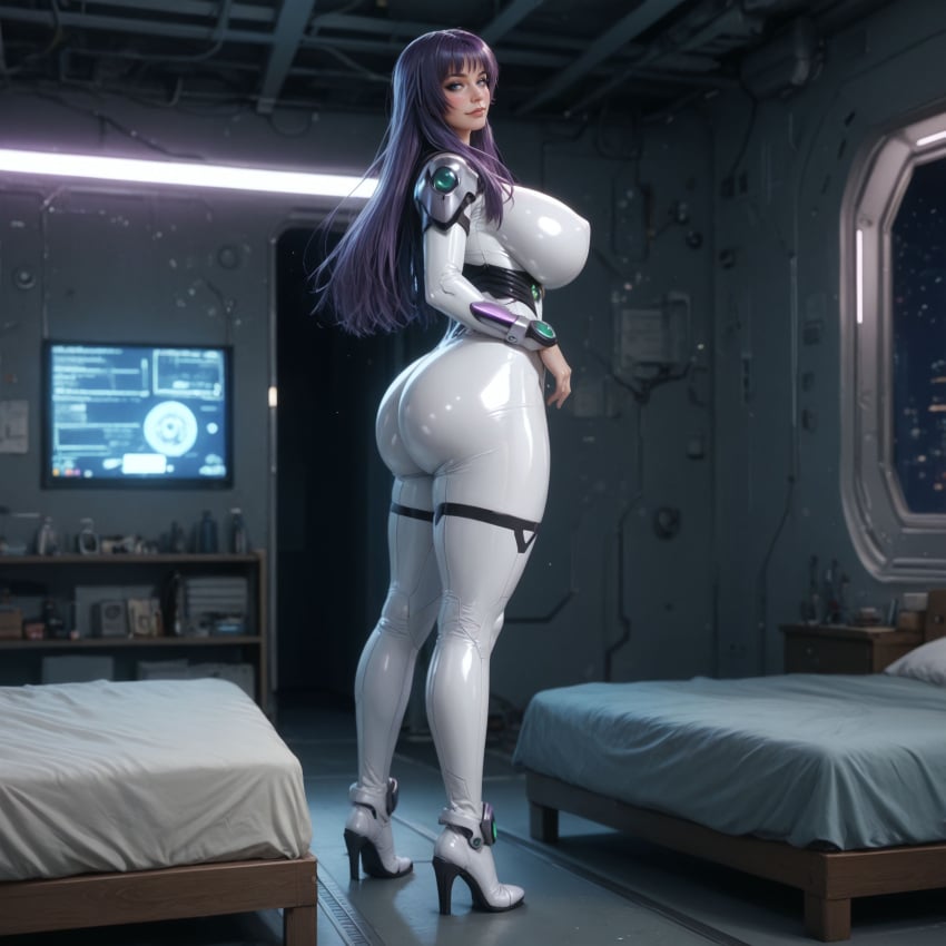 ai_generated ass back_view big_ass big_breasts big_butt bodysuit hentai high_heels huge_ass huge_breasts large_breasts latex long_legs purple_hair shion_(shion) stable_diffusion standing thick_thighs vilacrym white_bodysuit