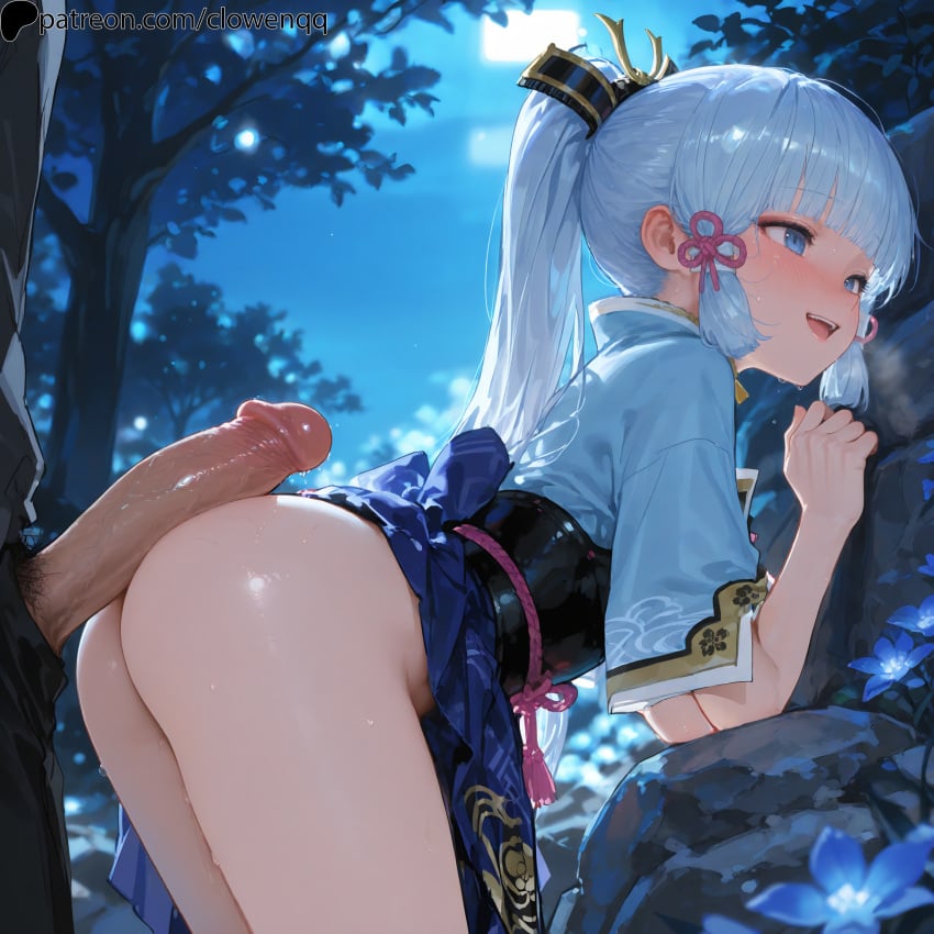 1boy1girl 1girls ai_generated bangs bent_over blue_eyes blue_hair blush blush clowenqq female female_focus from_side genshin_impact imminent_penetration imminent_sex kamisato_ayaka male/female no_panties open_mouth penis penis_on_ass smile sweatdrop thighs uncensored