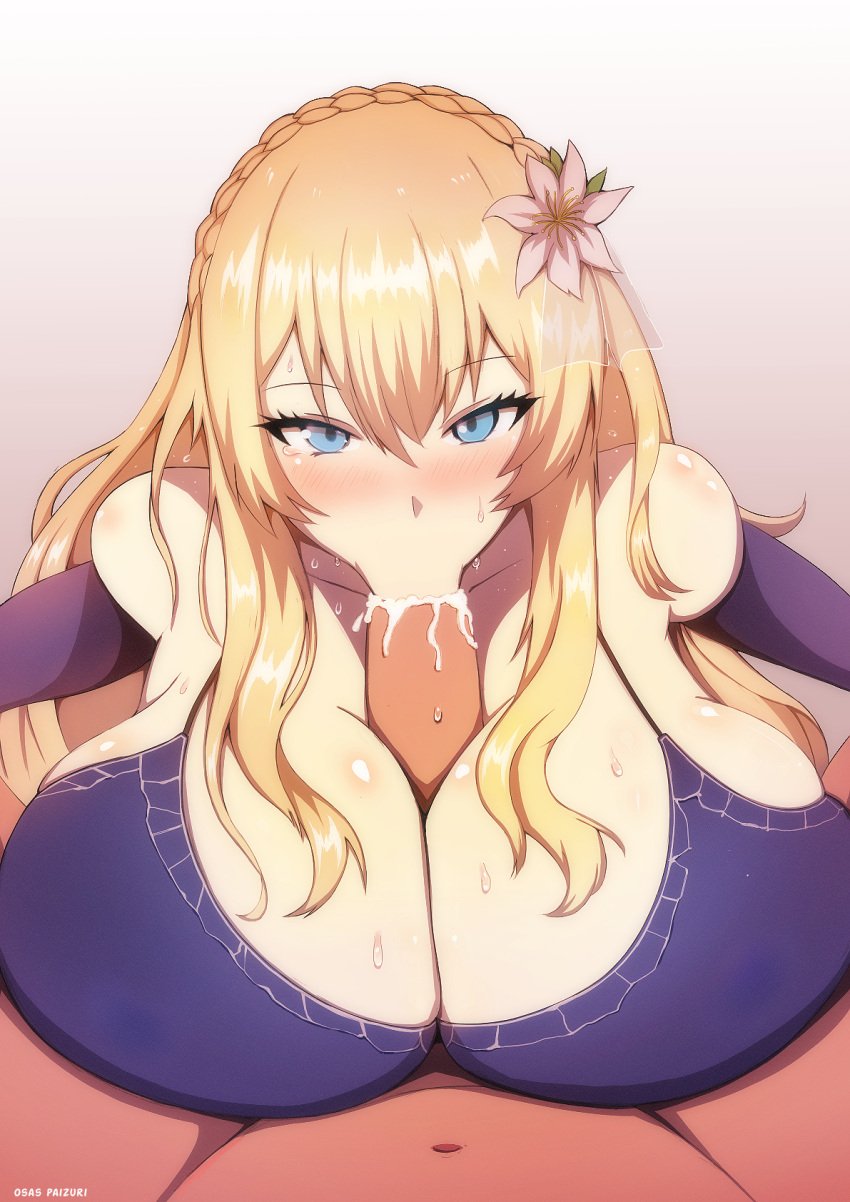 blonde_hair blue_eyes blush crown_braid cum_in_mouth dress flower_in_hair girls'_frontline huge_breasts large_penis long_gloves long_hair mosin-nagant_(girls'_frontline) paizuri paizuri_fellatio